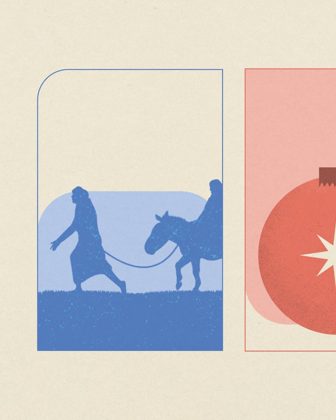 A close crop of the Christmas artwork, showing the blue silhouette panel of Joseph leading Mary on a donkey beside the edge of a red ornament.