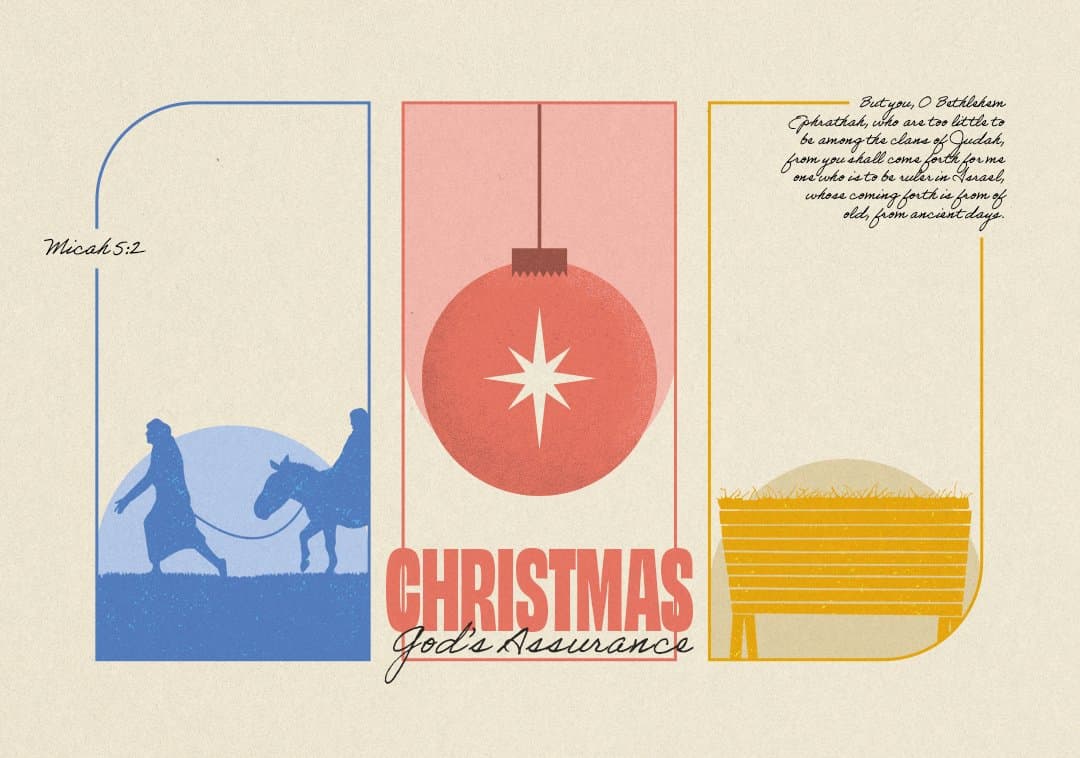 A Christmas design reading CHRISTMAS, God's Assurance in red type and script, with three panels showing Mary on a donkey, an ornament and a manger.