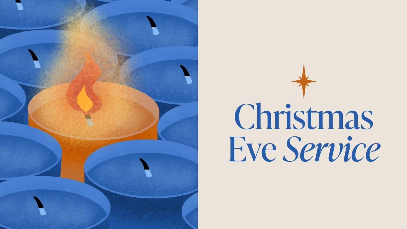 Christmas Eve worship service graphic in cream and gold with an illustrated town skyline