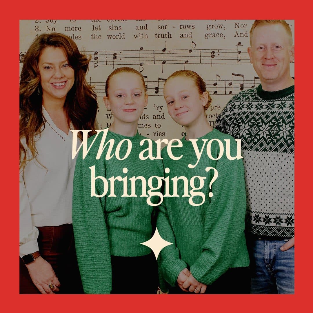 Christmas invite graphic reading Who are you bringing? over a photo of a family in Christmas sweaters