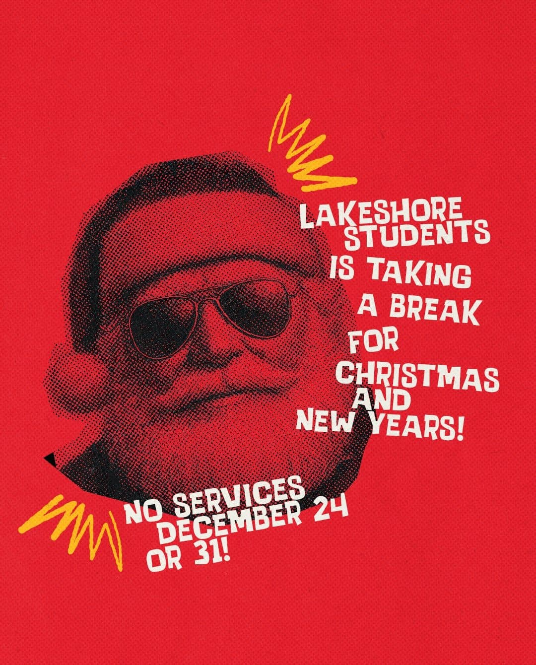 Red student ministry graphic with a halftone Santa announcing no services on December 24 or 31