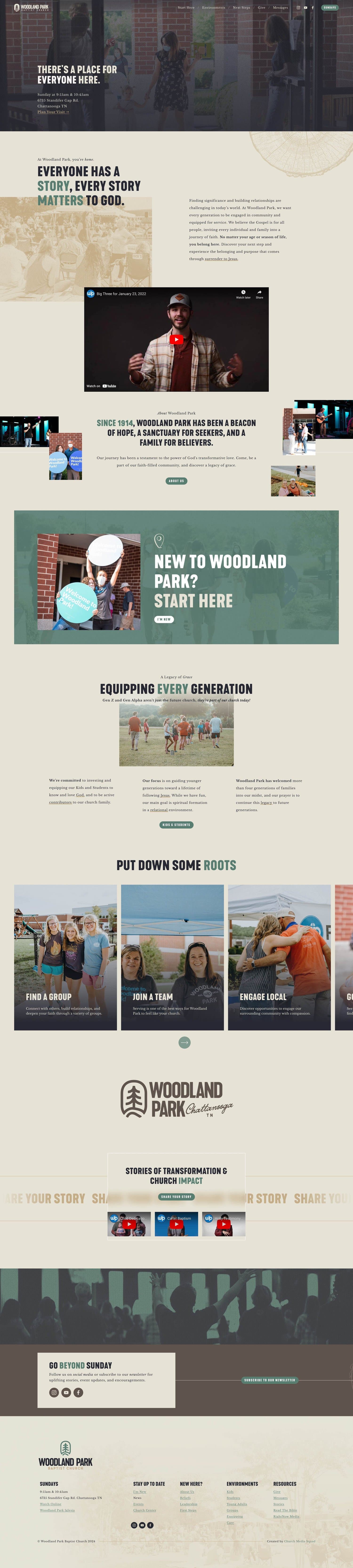 A full page screenshot of the Woodland Park Church website in cream and sage green, with a video header, a NEW TO WOODLAND PARK? START HERE block and photo cards for finding a group.