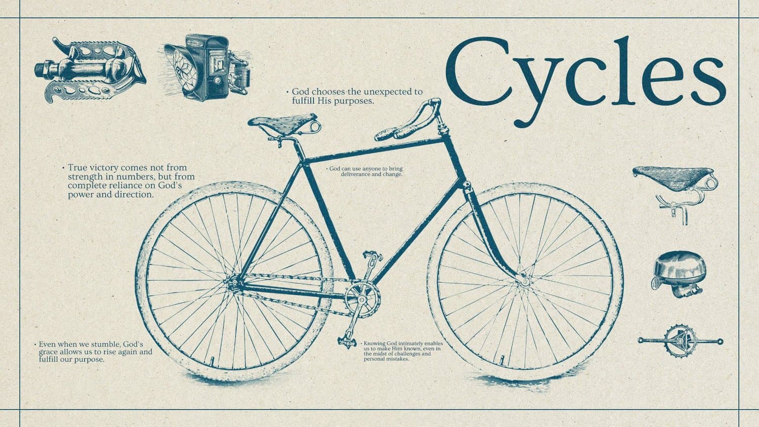 A kraft coloured slide titled Cycles in navy serif, built around a detailed engraving of a vintage bicycle with pedal, lamp, saddle and bell insets and takeaway notes.