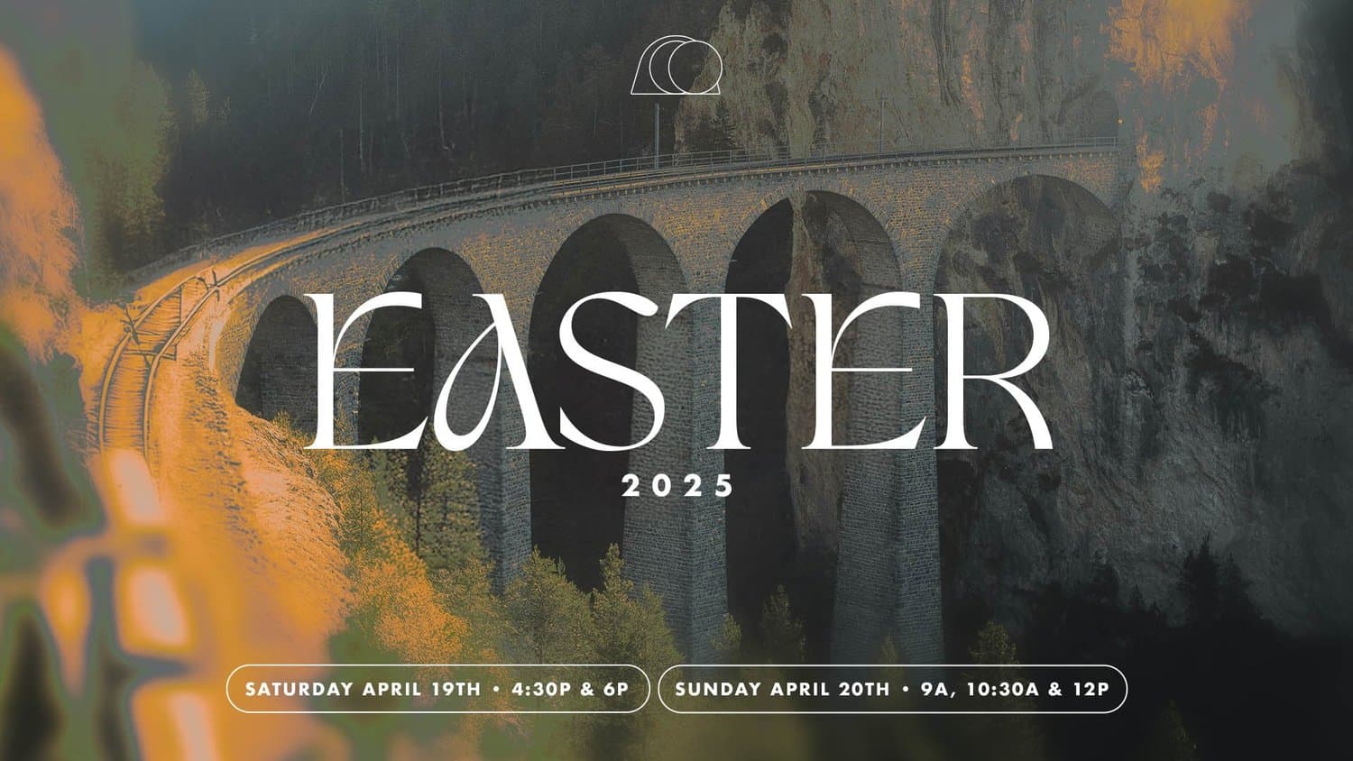 An Easter 2025 slide with EASTER in a white serif over an aerial photograph of a stone railway viaduct in autumn woods, service times in pill outlines.