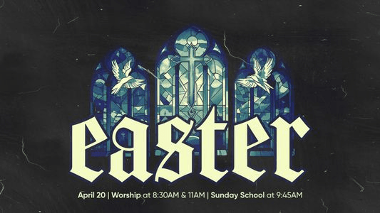 A dark Easter slide with easter in cream blackletter over three teal stained glass windows with doves, listing April 20 worship and Sunday School times.