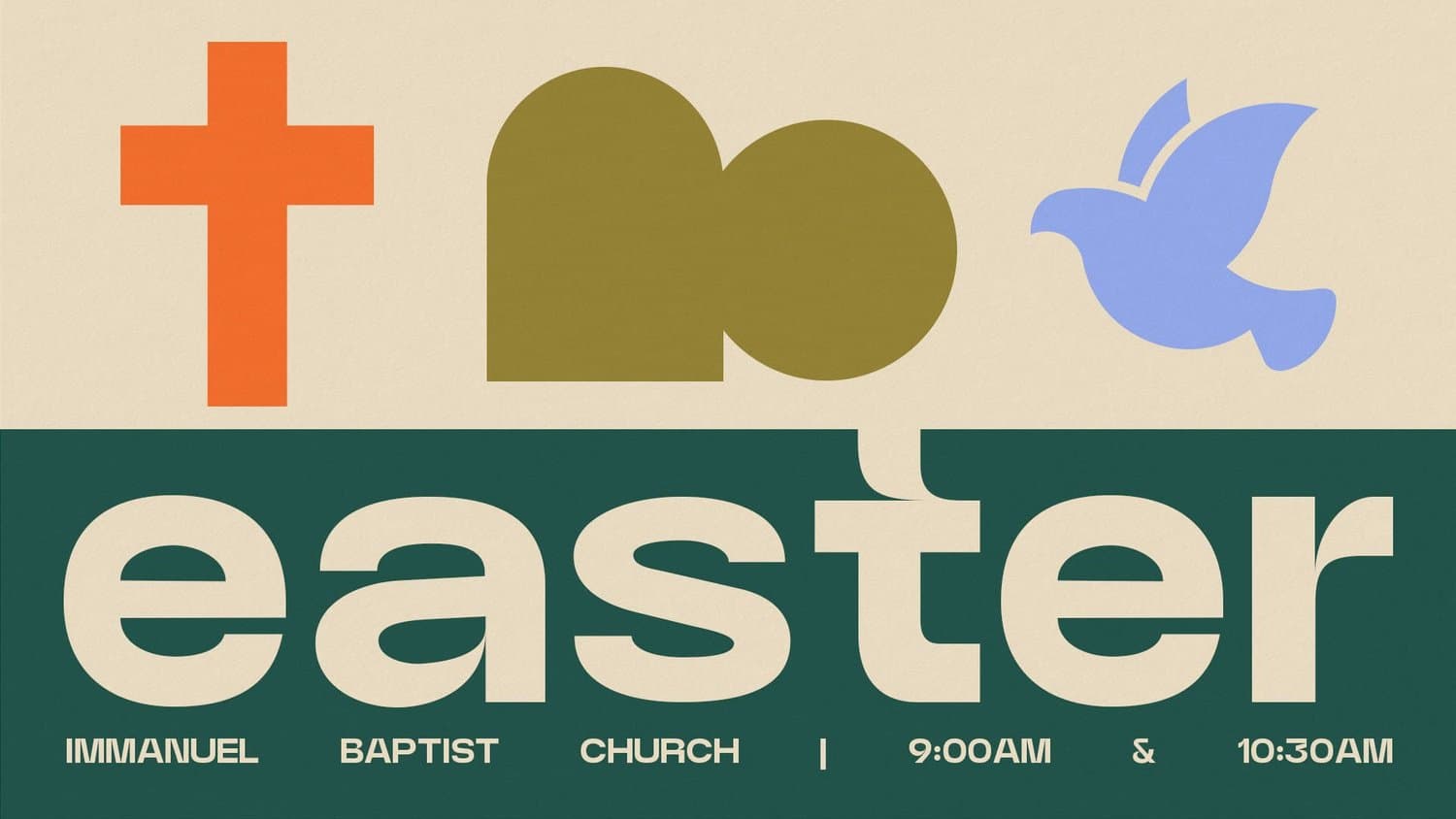 A flat-graphic Easter slide for Immanuel Baptist Church, with an orange cross, olive tomb shape and blue dove above easter in cream on dark green.
