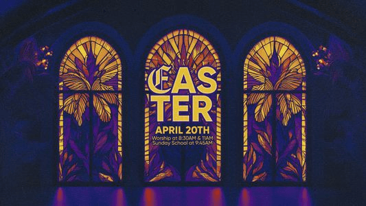A moody Easter slide with EASTER stacked in cream over three purple and gold stained glass arches, April 20th service times set small underneath.