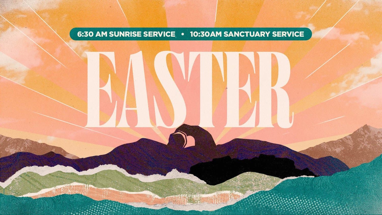 A cut-paper Easter slide with EASTER in cream serif over a pink and orange sunburst sky, layered mountains and teal water, sunrise service times above.