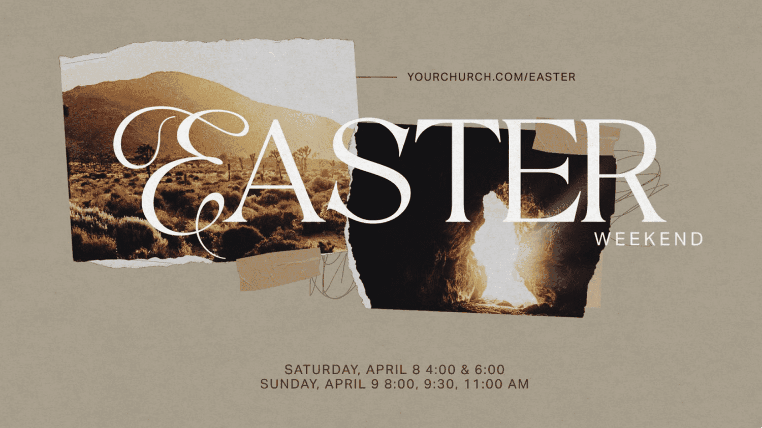 An Easter title slide on warm grey, reading EASTER WEEKEND in a white serif across torn photo scraps of a desert and a lit tomb mouth.