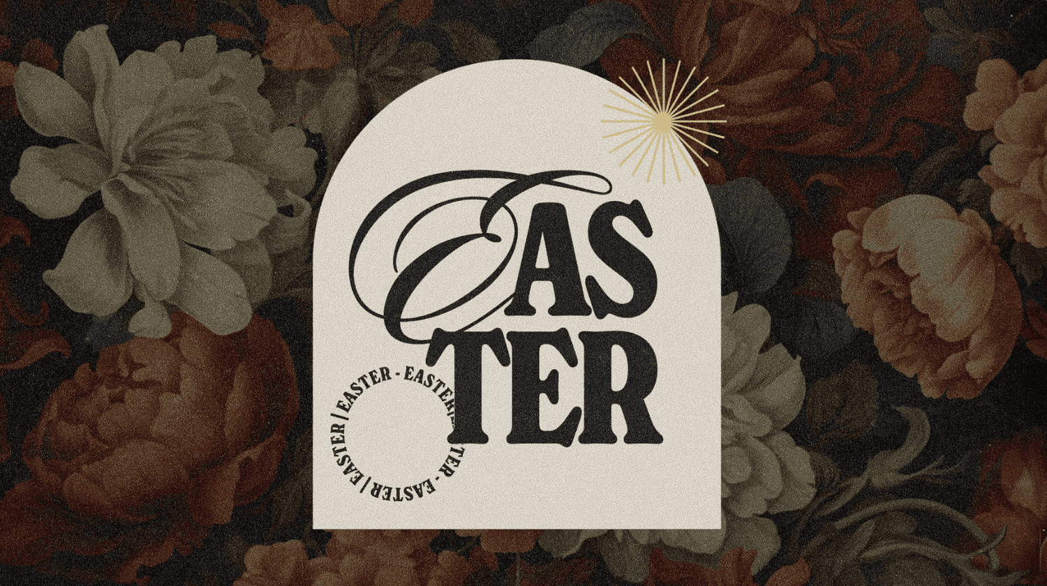 An Easter slide with EASTER in black type on a cream arch, ringed by repeating EASTER text, over a dark moody floral painting.
