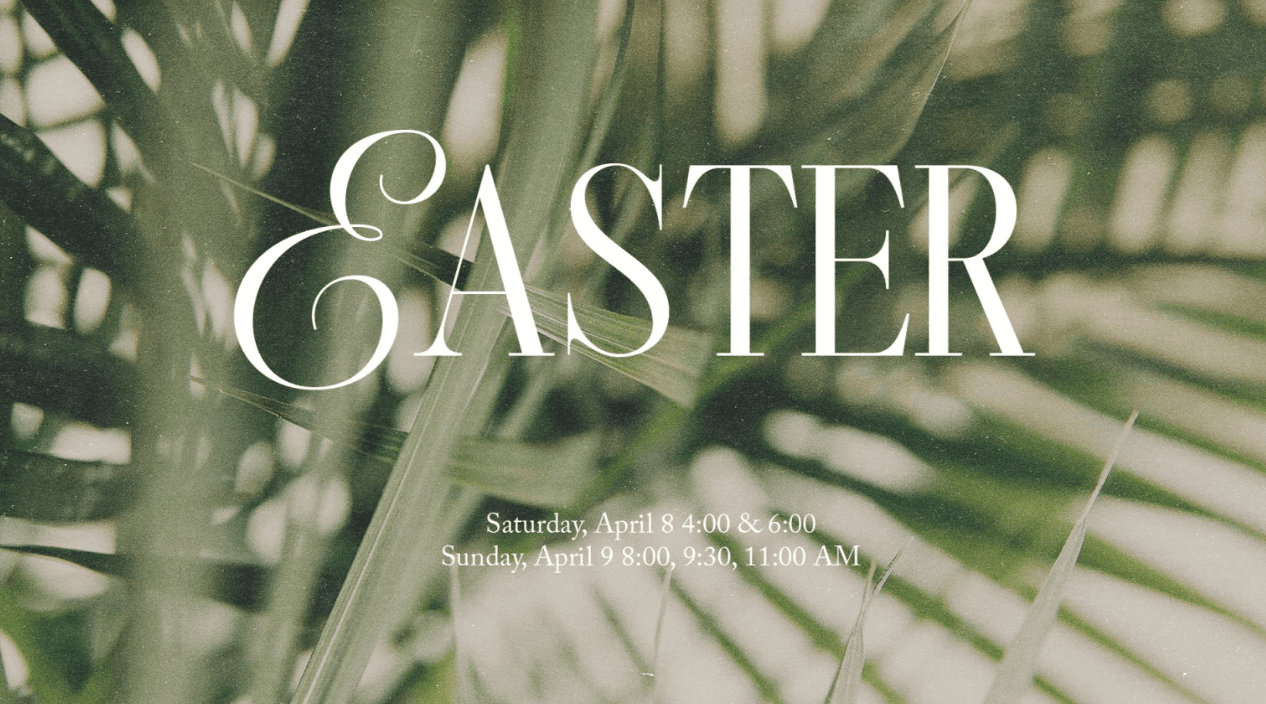 An Easter slide with EASTER in a white high-contrast serif over a close photograph of dark green palm fronds, service times set below in italics.