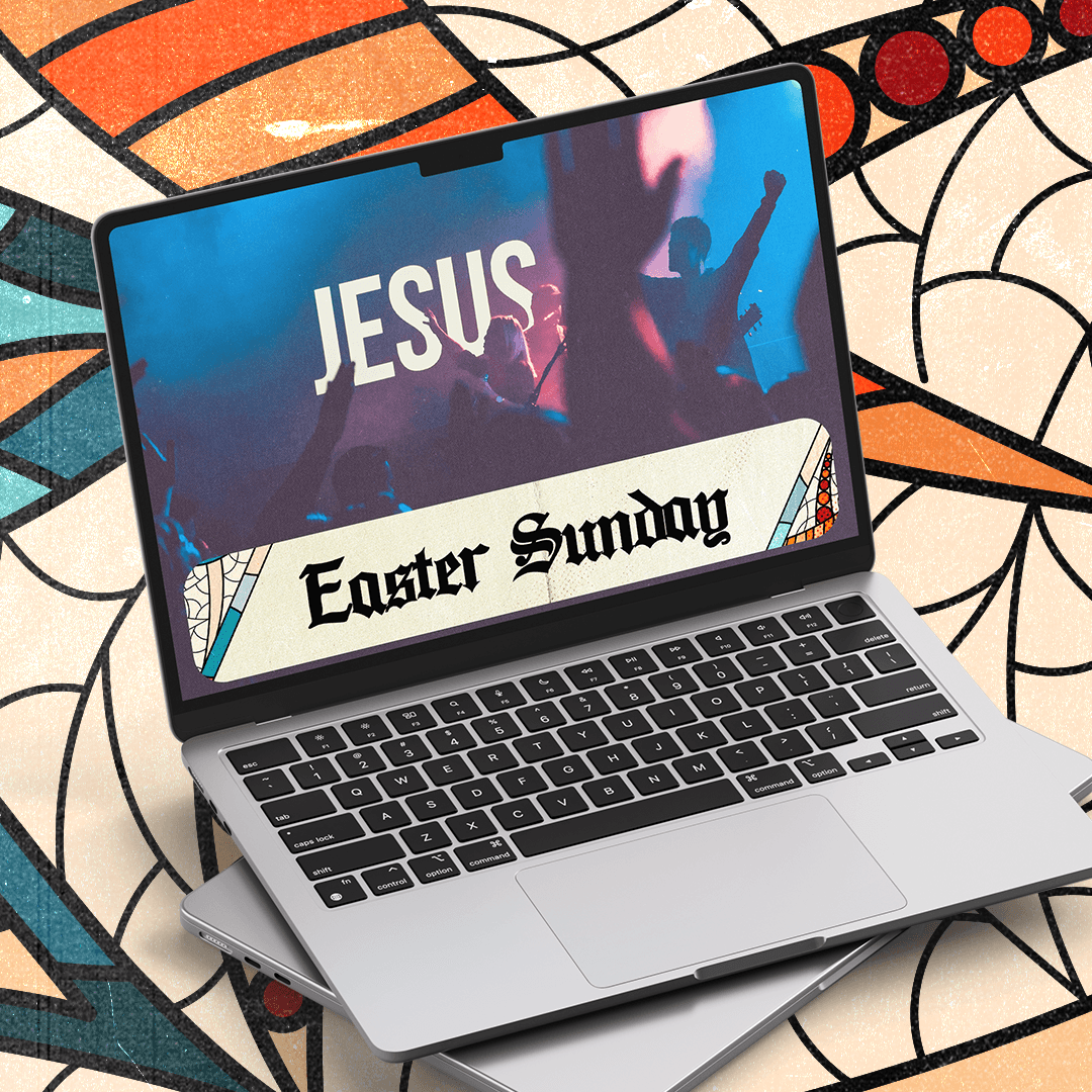 A laptop mockup on a stained glass background showing an Easter Sunday slide, JESUS in cream capitals over a blue lit worship crowd with Easter Sunday in blackletter on a cream banner.