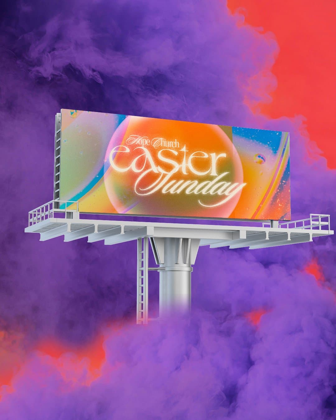 A billboard mockup in purple and red smoke, printed Hope Church easter Sunday in glowing cream lettering over an orange and rainbow gradient sphere.
