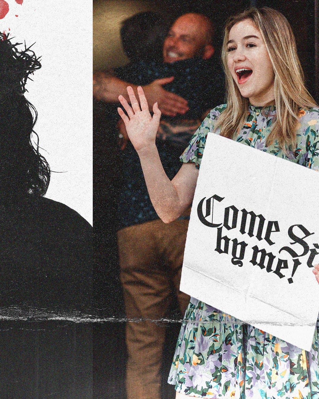 A split Easter collage, a black silhouette in a crown of thorns beside a photo of a smiling woman waving and holding a blackletter card reading Come Sit by me!