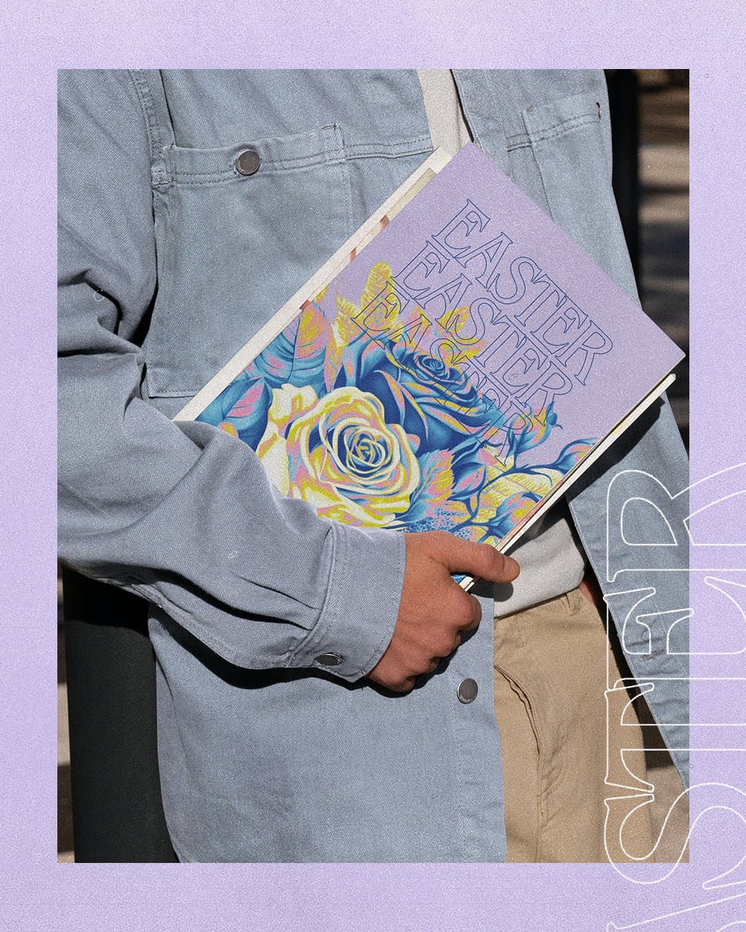 A person in a denim jacket carrying a lilac Easter booklet printed with EASTER repeated three times in outlined serif over blue and yellow roses, on a lavender background.