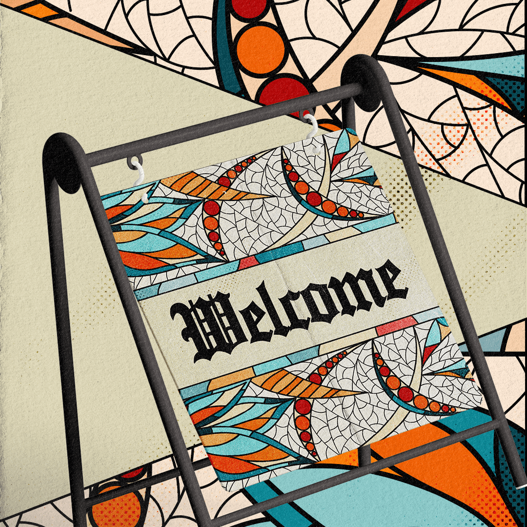 An A frame sign mockup hanging a Welcome banner in black blackletter, bordered by teal and orange stained glass panels against a matching stained glass wall.