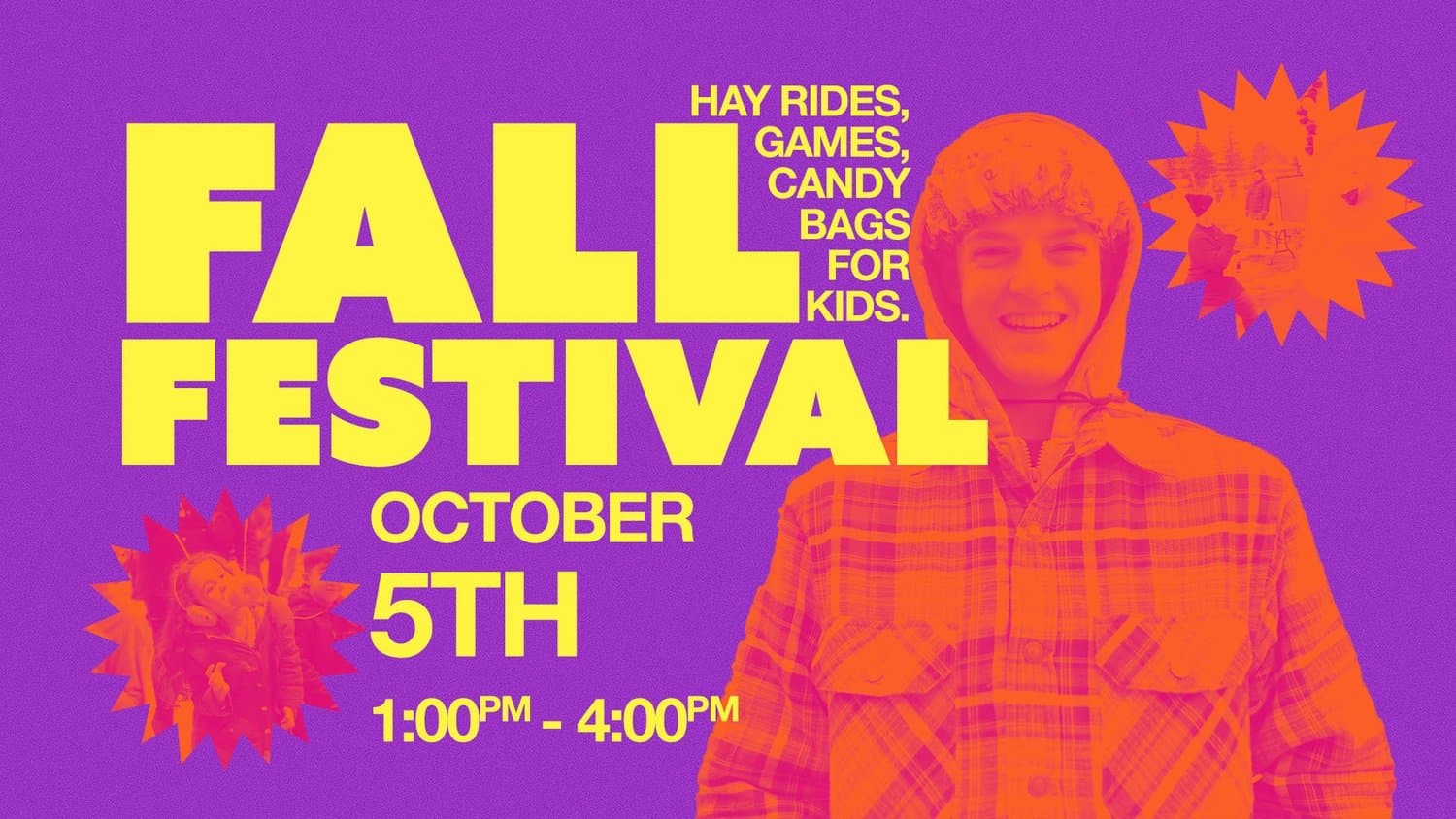 A purple FALL FESTIVAL slide in yellow block capitals, with an orange duotone photo of a smiling teenager in a plaid shirt, HAY RIDES, GAMES, CANDY BAGS FOR KIDS, OCTOBER 5TH.