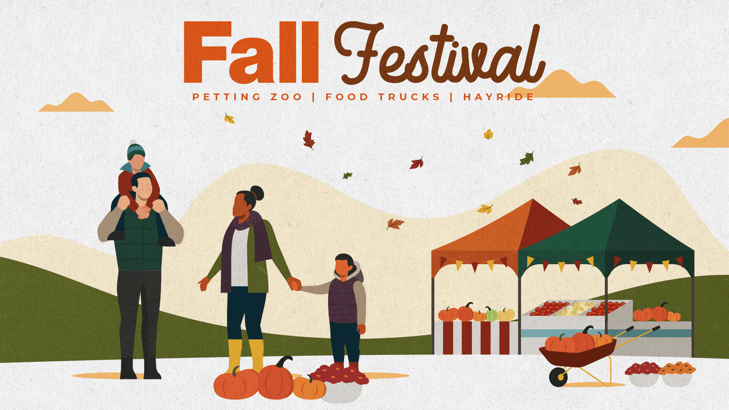 A soft grey Fall Festival slide with the title in rust serif and script, over an illustrated scene of a family walking past pumpkin stalls and market tents, petting zoo, food trucks, hayride.