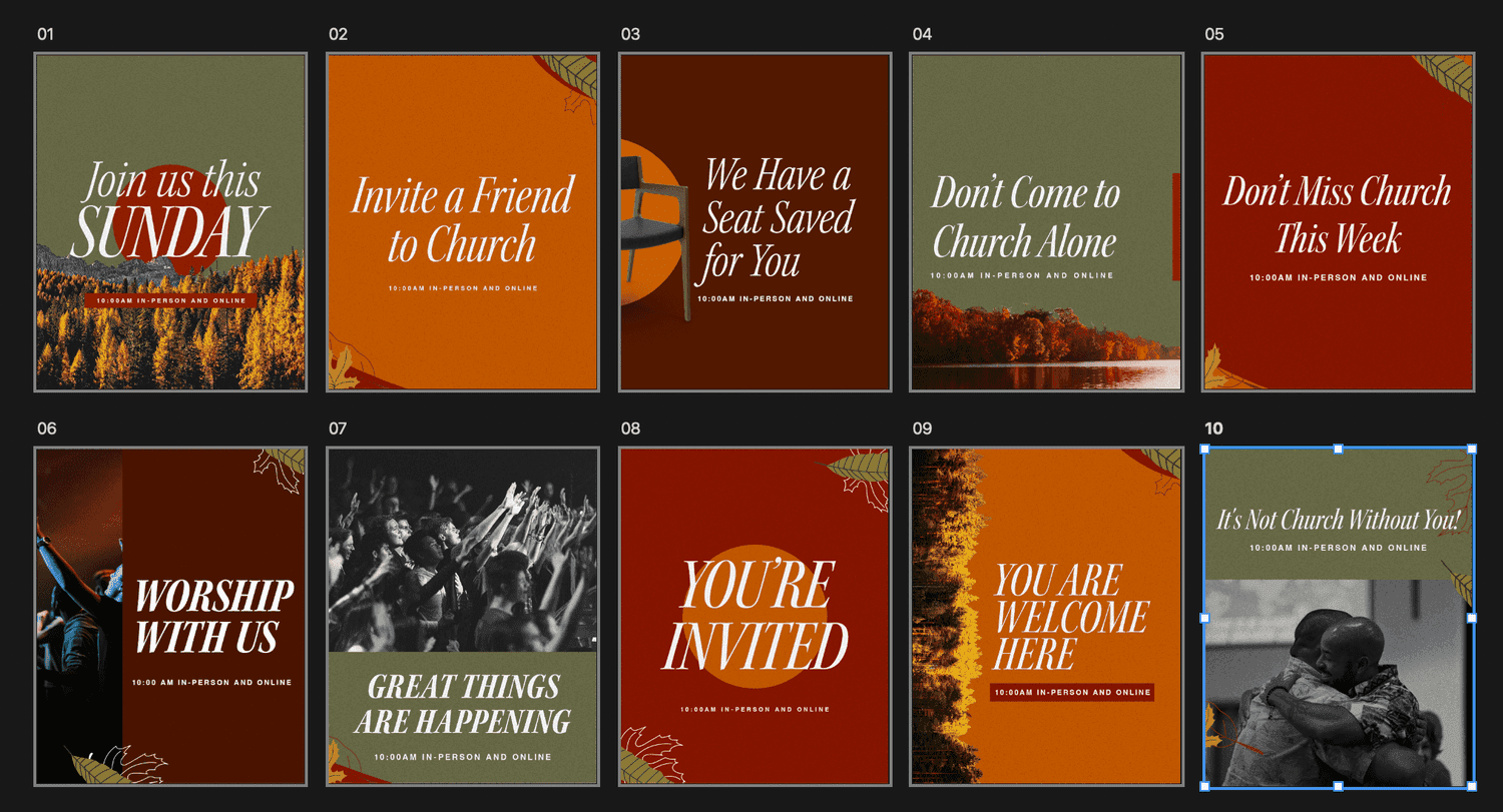 A grid of ten square autumn invite posts in olive, rust and orange, with cream serif lines including Join us this SUNDAY, YOU'RE INVITED and WORSHIP WITH US.
