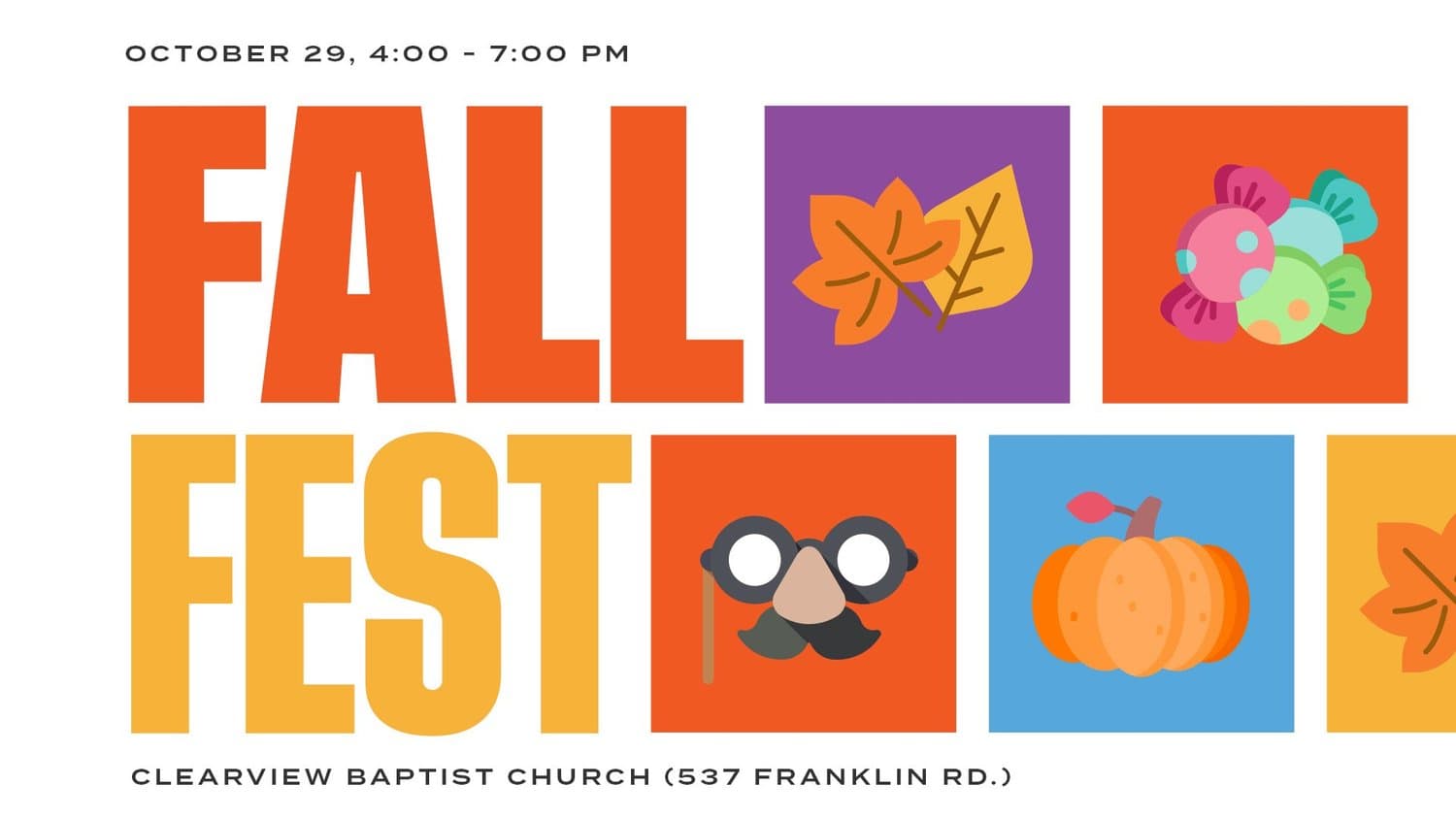 A white FALL FEST slide with the title in orange and gold block capitals, beside coloured tiles of leaves, candy, a disguise mask and a pumpkin, CLEARVIEW BAPTIST CHURCH.