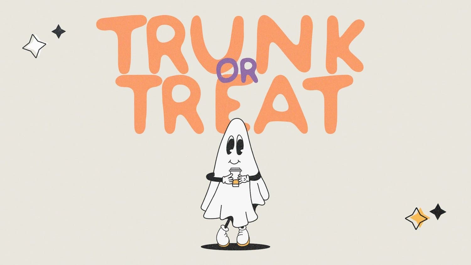A cream TRUNK OR TREAT slide in soft orange rounded lettering, with a smiling cartoon ghost holding a coffee cup and yellow and black sparkles.