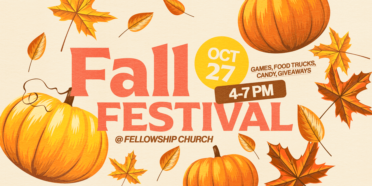 A cream Fall Festival social post with the title in coral, surrounded by illustrated pumpkins and maple leaves, OCT 27, 4-7 PM, games, food trucks, candy, giveaways.
