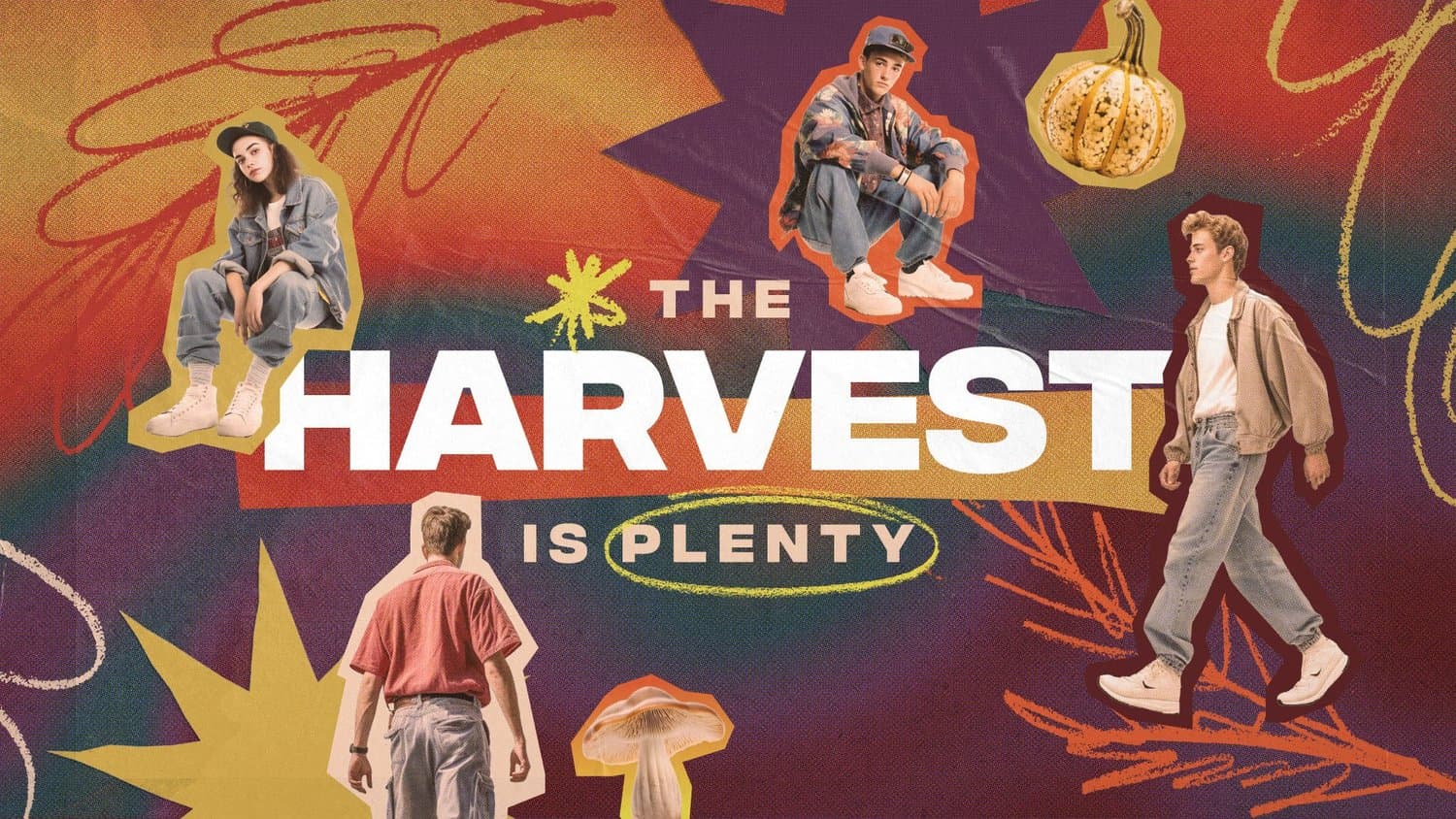 A collage youth slide reading THE HARVEST IS PLENTY in white capitals over purple, red and gold gradients, with cutout photos of teenagers, a gourd and a mushroom.