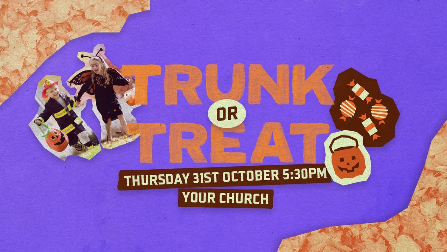 A purple paper collage TRUNK OR TREAT slide in orange cutout letters, with photos of children in firefighter and butterfly costumes, candy and a jack o lantern pail, Thursday 31st October 5:30PM.