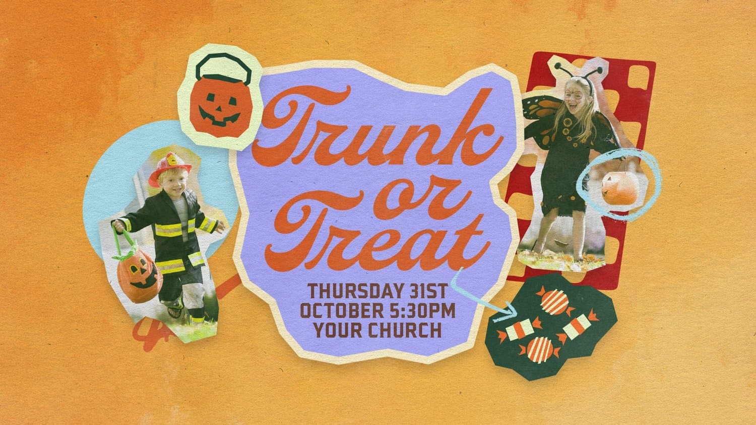 An orange textured Trunk or Treat slide with the title in coral script on a lavender blob, framed by cutout photos of costumed children, candy and a jack o lantern pail.