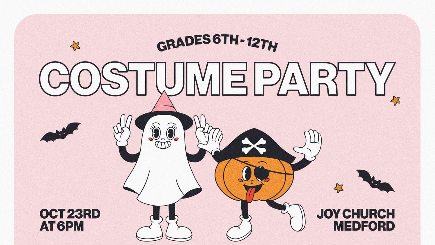 A pale pink student COSTUME PARTY slide in white outlined capitals, with cartoon ghost and pumpkin characters in a witch hat and pirate hat, GRADES 6TH-12TH, OCT 23RD AT 6PM.