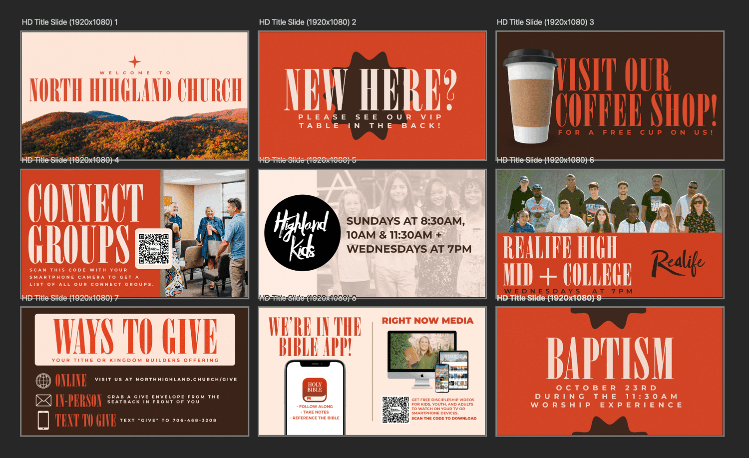 A nine up grid of North Highland Church announcement slides in red, orange, tan and green, covering New Here, Connect Groups, Baptism and Ways to Give.