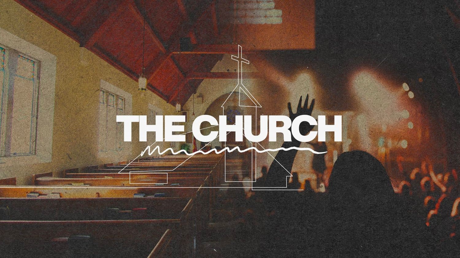 A sermon series title slide with THE CHURCH headline in white sans-serif, featuring architectural line drawing of church interior with congregation, warm sepia photograph background.