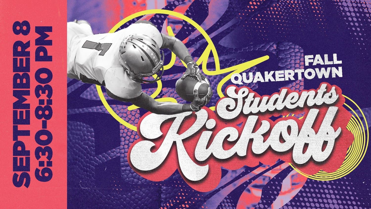 A student event poster for Quakertown Students Kickoff on September 6-30, 8-30pm with red and purple gradient background, white script typography, skateboarding imagery, and yellow circular accent border.