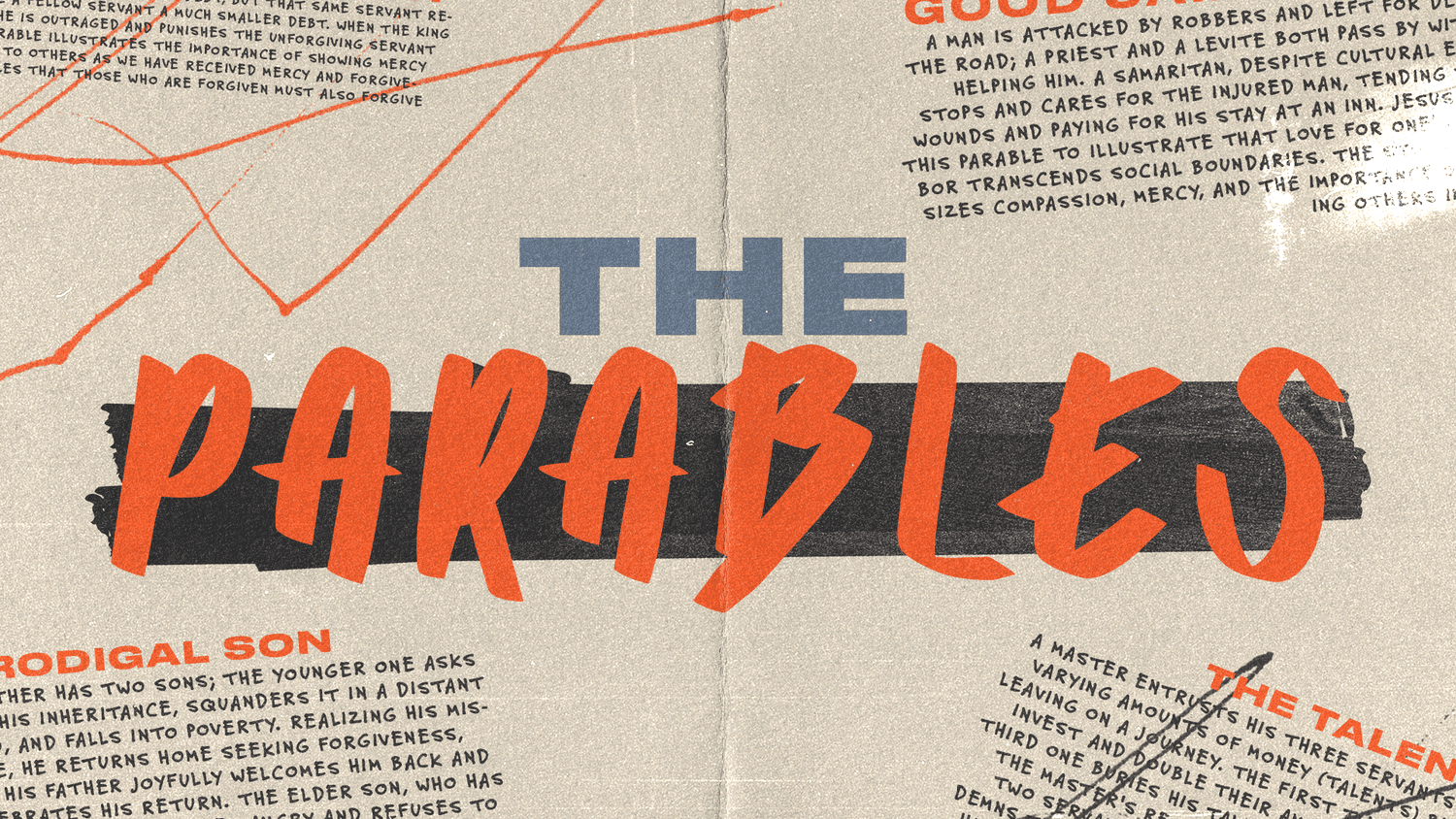 A sermon series graphic reading THE PARABLES in red and blue sans-serif over beige background, with overlaid printed text discussing biblical parables.