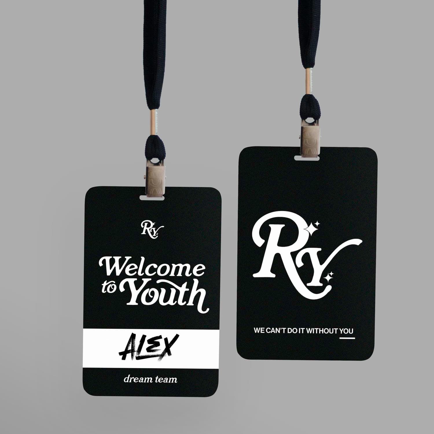 A Welcome to Youth graphic with two black lanyard badges on grey background, left reading Welcome to Youth, Alex, dream team, right reading We Can't Do It Without You with an RY monogram.