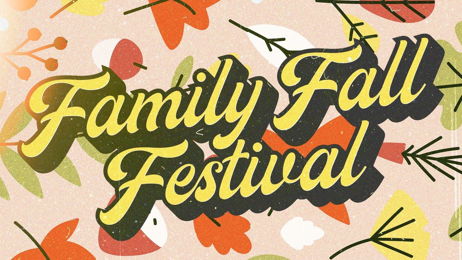 A festival announcement in yellow script lettering reading Family Fall Festival over peach background scattered with autumn leaves, orange flowers, and green foliage in illustrated style.