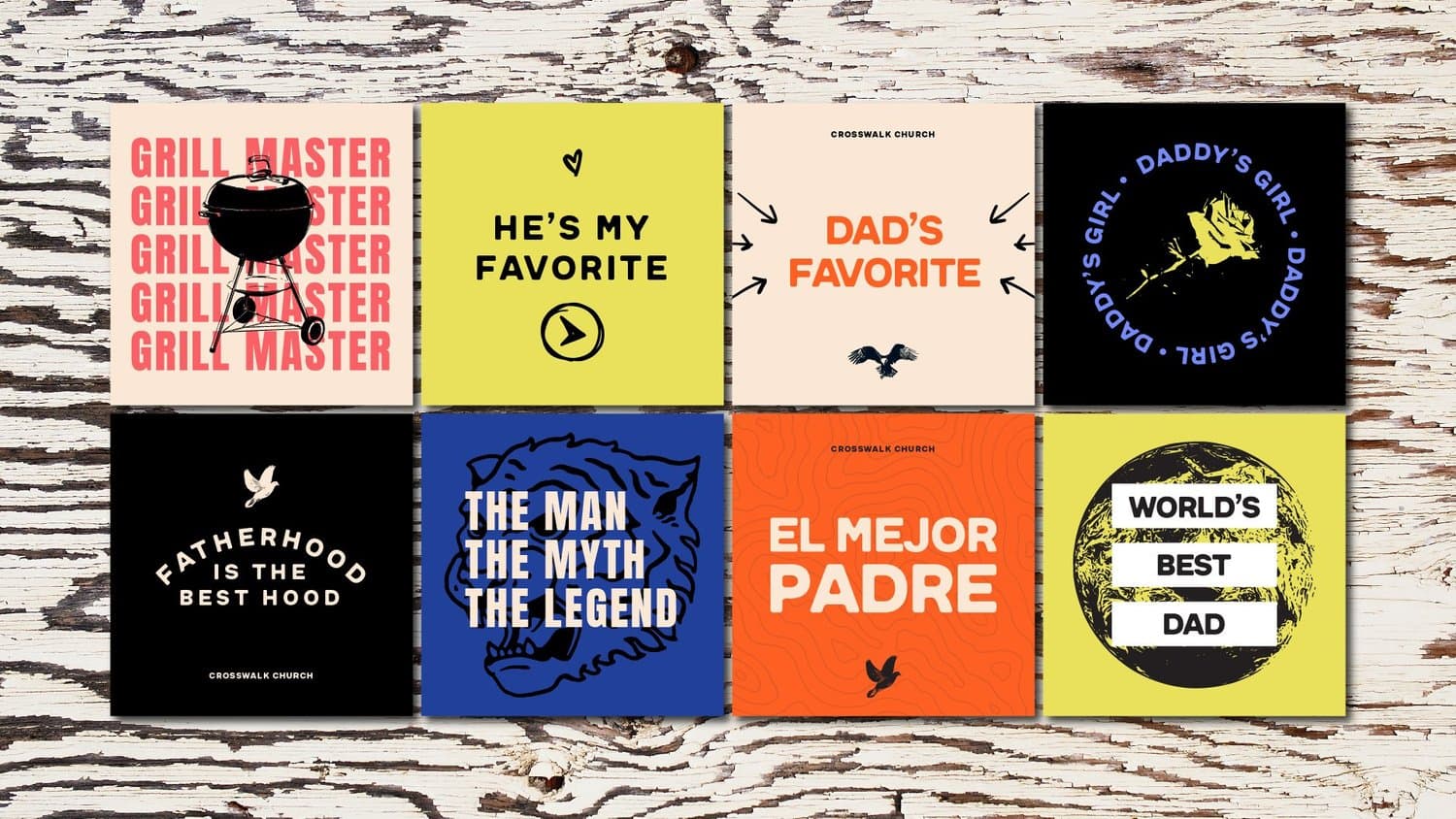 Eight square Father's Day social posts on weathered wood, reading GRILL MASTER, HE'S MY FAVORITE, DAD'S FAVORITE, EL MEJOR PADRE and WORLD'S BEST DAD.