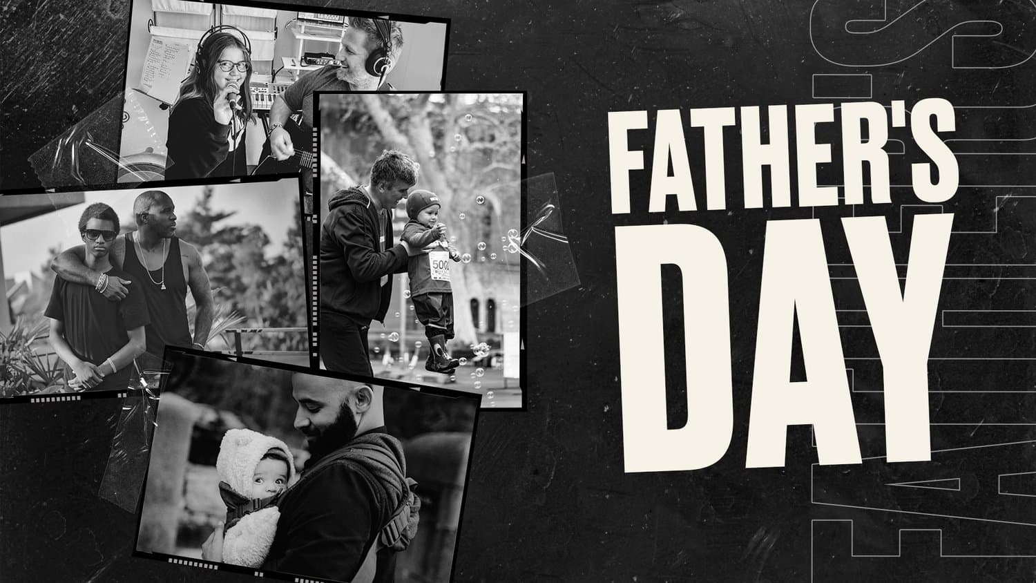A black Father's Day slide with FATHER'S DAY in cream capitals beside scattered black and white photo frames of fathers with their children.