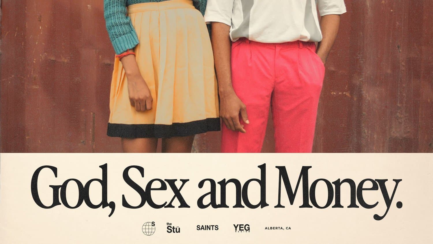 A sermon title slide reading God, Sex and Money. in a black serif on a cream band, below a cropped photograph of two people in pastel vintage clothing.