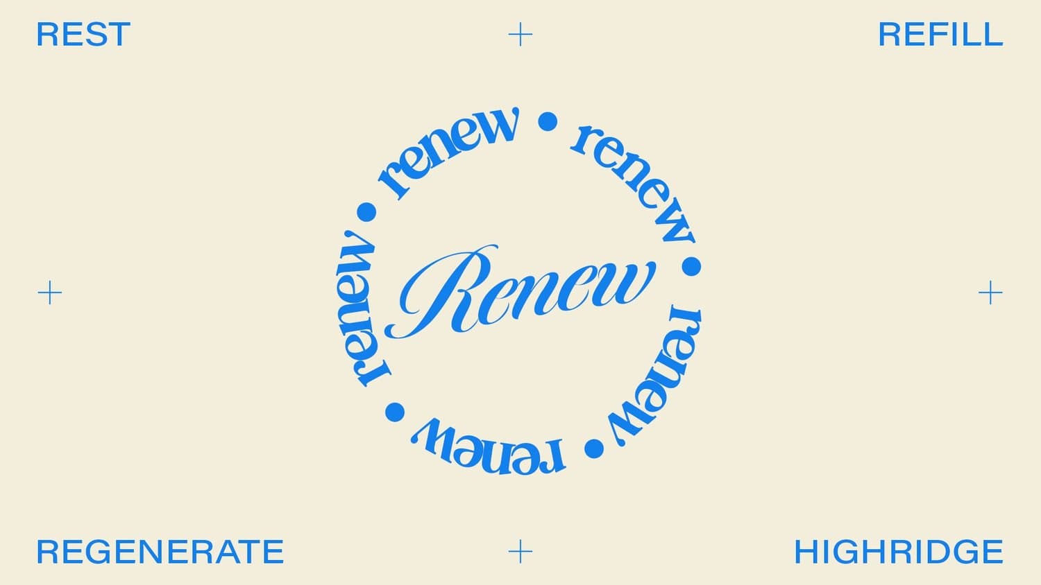 A cream sermon slide with Renew in blue script inside a ring of repeating renew text, corners reading REST, REFILL, REGENERATE and HIGHRIDGE.