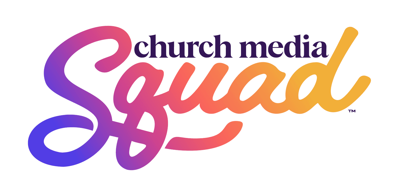 The Church Media Squad wordmark, with church media set in dark purple serif above Squad in a thick script lettered in a blue to pink to yellow gradient.