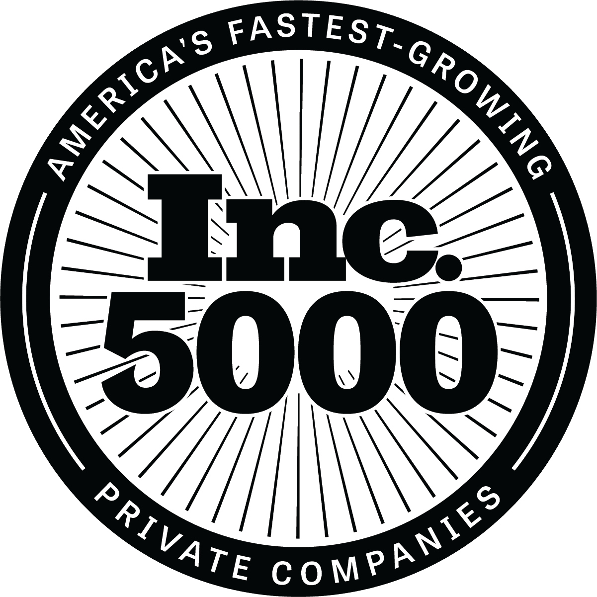 The black and white Inc. 5000 award seal, a circular badge reading AMERICA'S FASTEST-GROWING PRIVATE COMPANIES around a sunburst behind Inc. 5000 in heavy slab type.