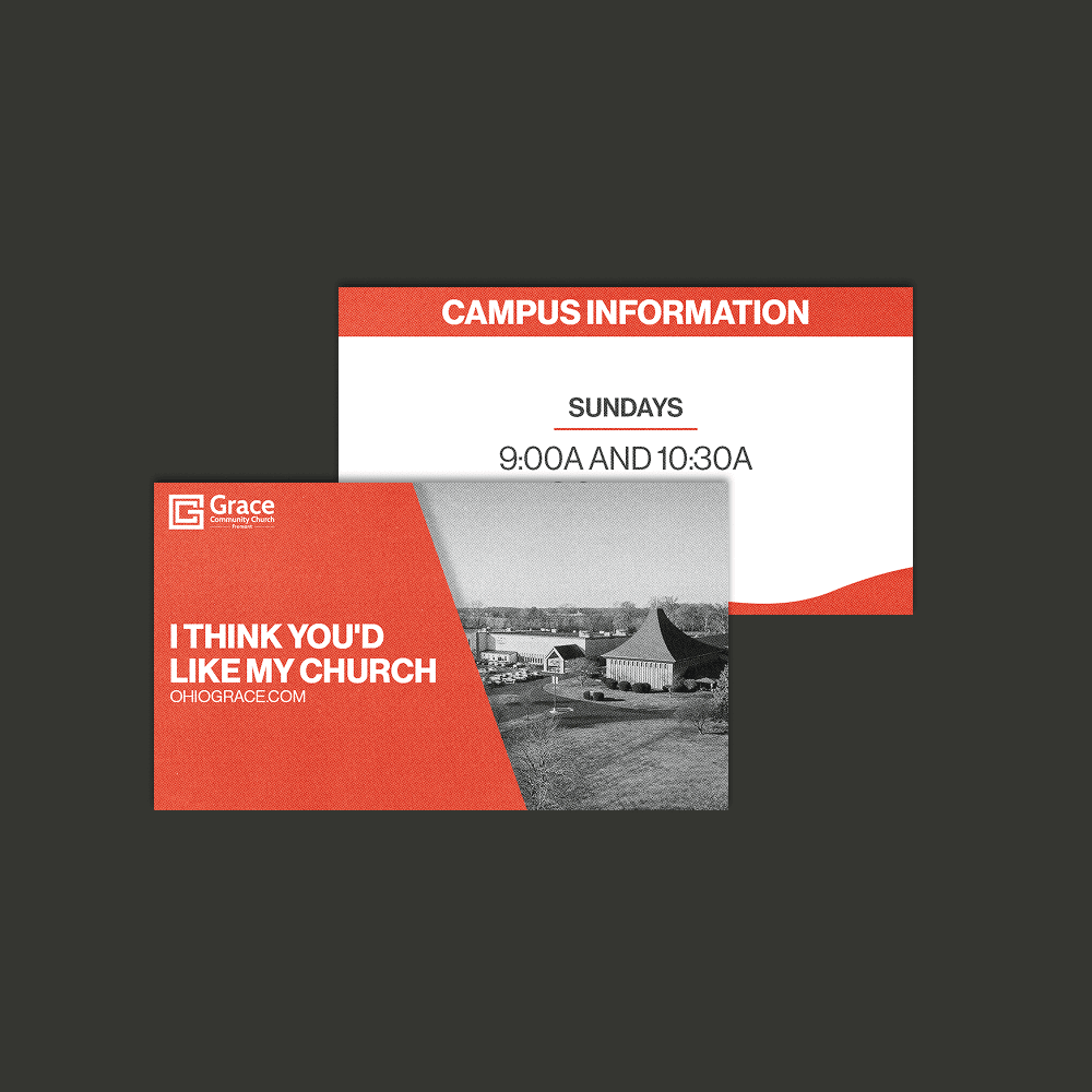 A red and white invite card mockup reading I THINK YOU'D LIKE MY CHURCH beside an aerial photo of the church campus, with CAMPUS INFORMATION and Sunday times on the reverse.