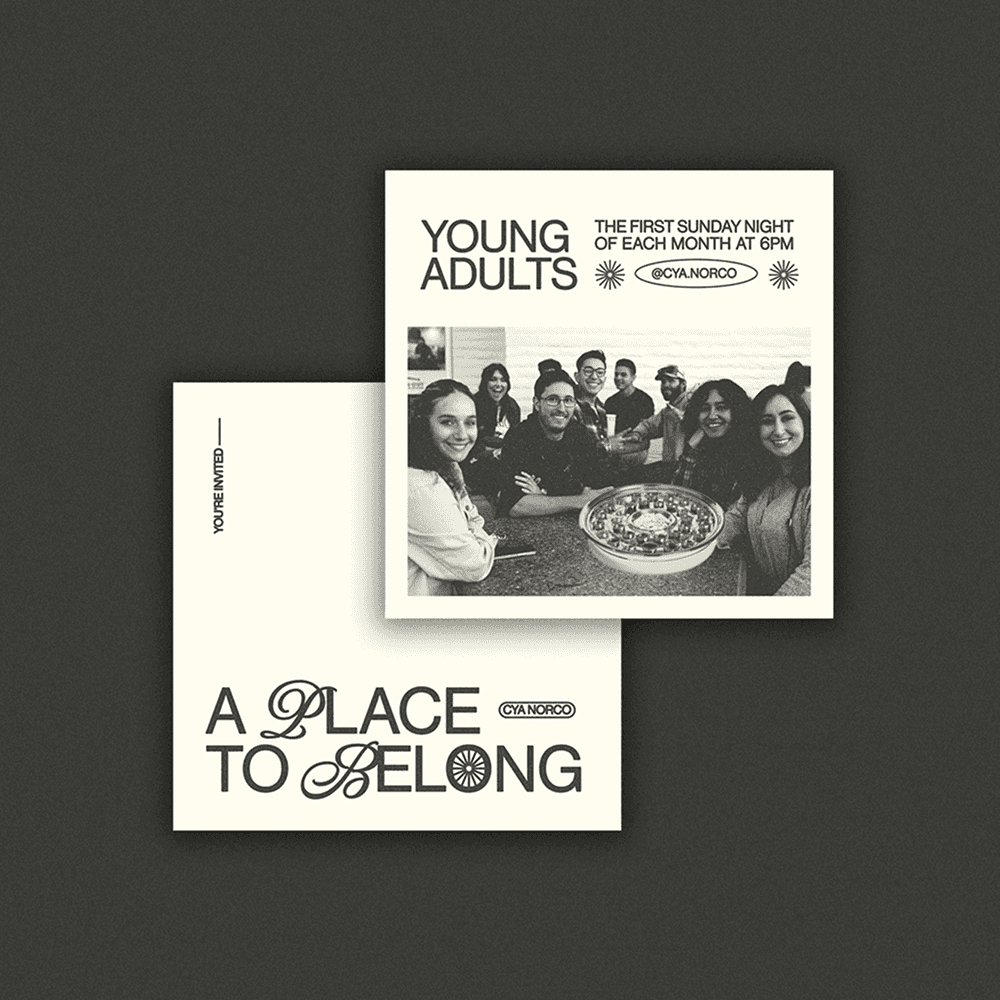 A cream square invite card mockup reading YOUNG ADULTS and A PLACE TO BELONG in black type mixing sans and script, with a black and white photo of friends around a table.