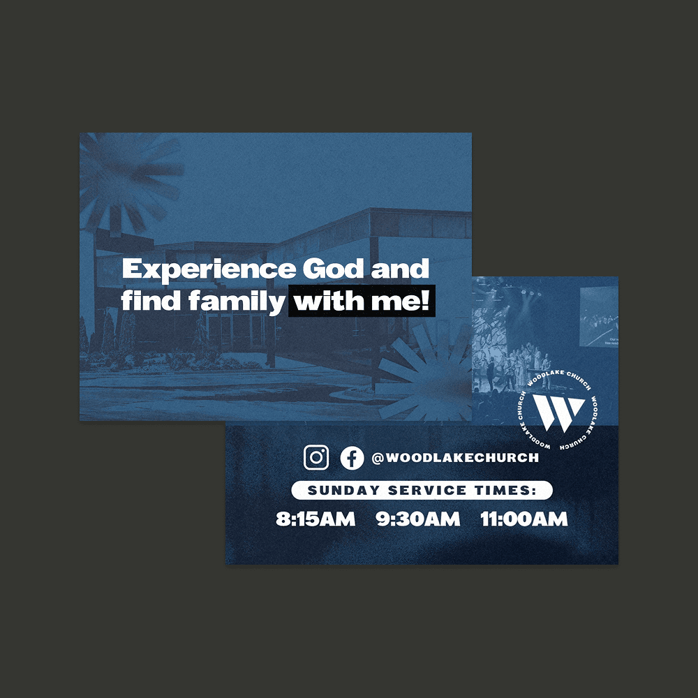 A blue duotone invite card mockup reading Experience God and find family with me! over a photo of the church building, with Sunday service times and social handles on the back.
