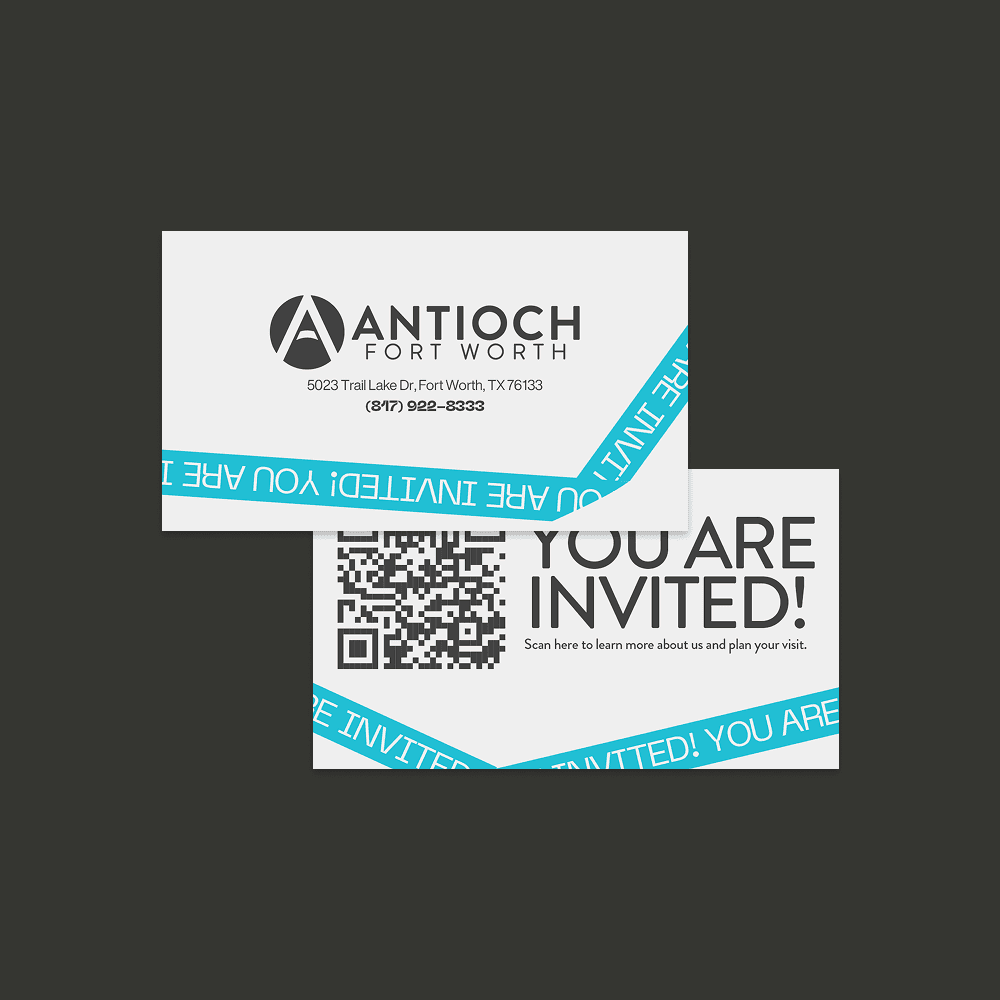 A white invite card mockup for Antioch Fort Worth, with a teal ribbon repeating YOU ARE INVITED and a reverse side pairing YOU ARE INVITED! with a QR code.