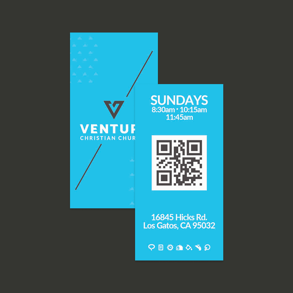 A cyan vertical invite card mockup for Venture Christian Church, with the logo on the front and SUNDAYS service times, a QR code and a Los Gatos address on the back.