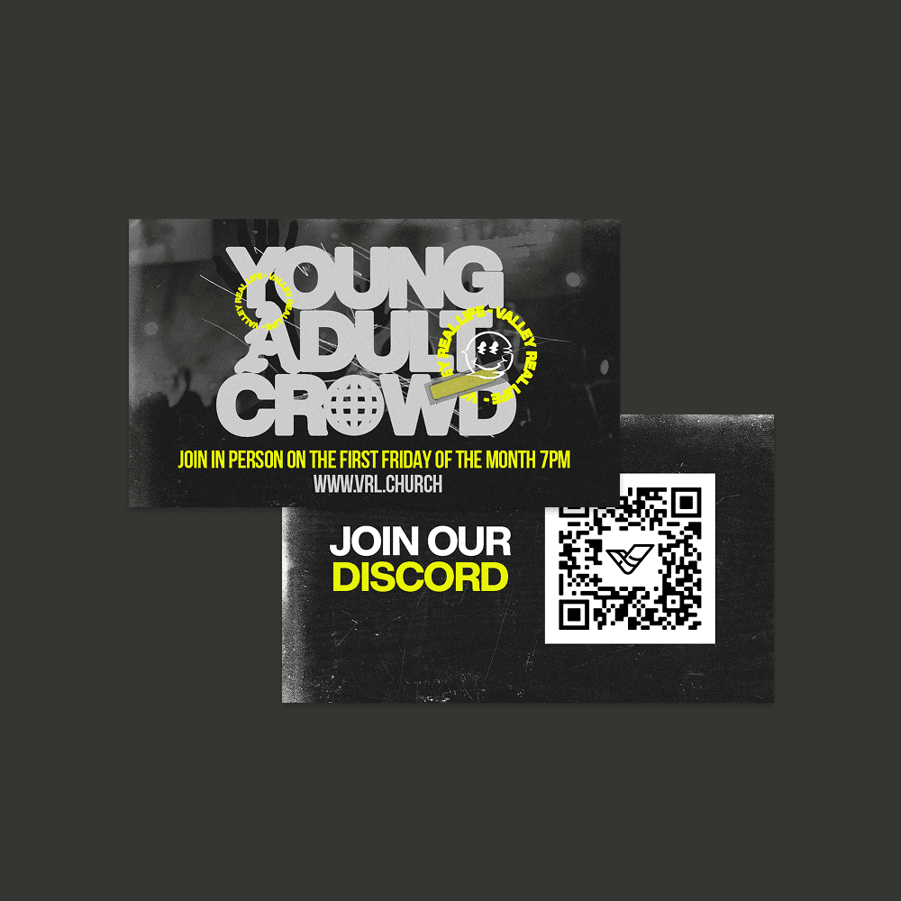 A black grunge invite card mockup reading YOUNG ADULT CROWD in white type with yellow circular lockups, and JOIN OUR DISCORD with a QR code on the back.