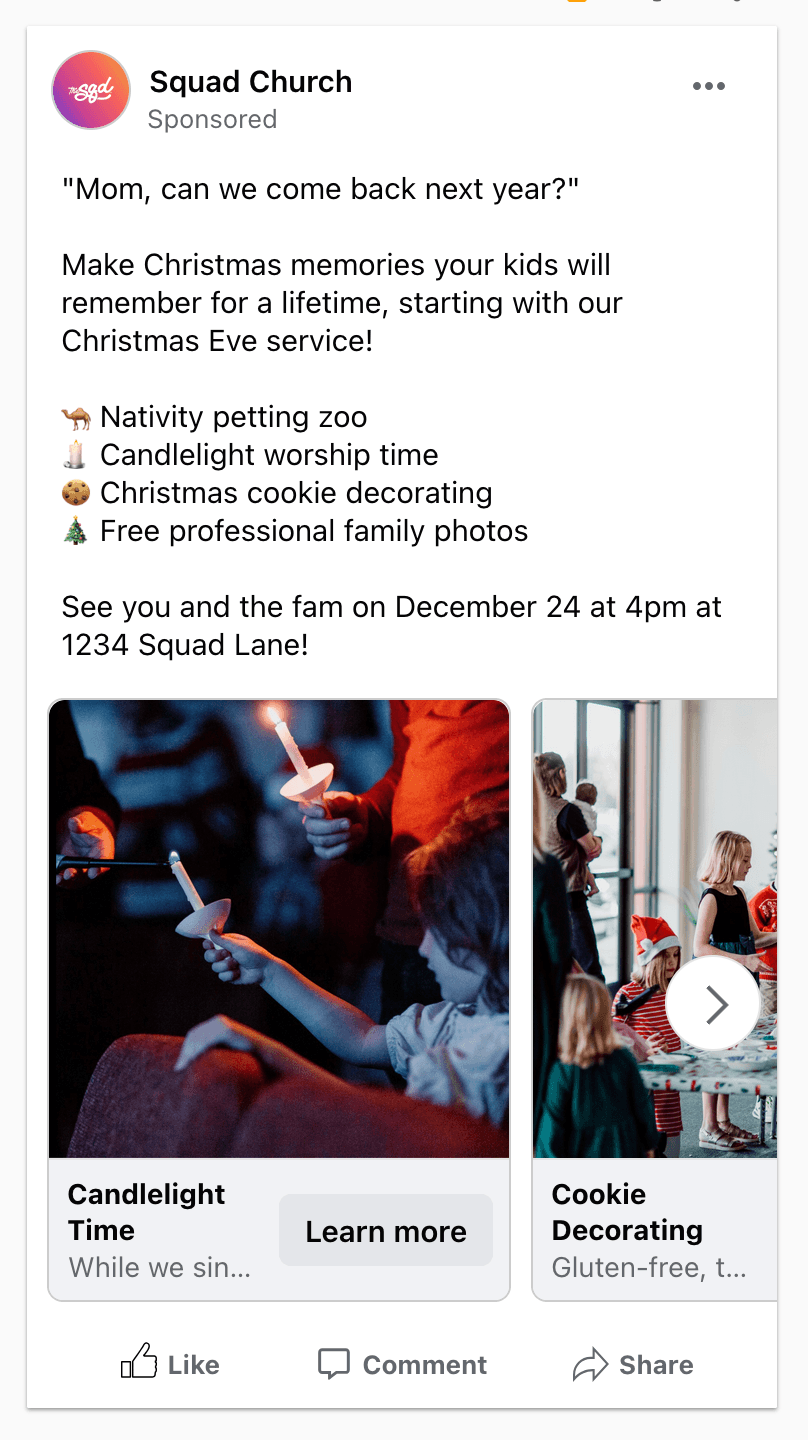 A mockup of a sponsored Squad Church Facebook carousel ad for a Christmas Eve service, listing a nativity petting zoo and cookie decorating, with candlelight and cookie photo cards.