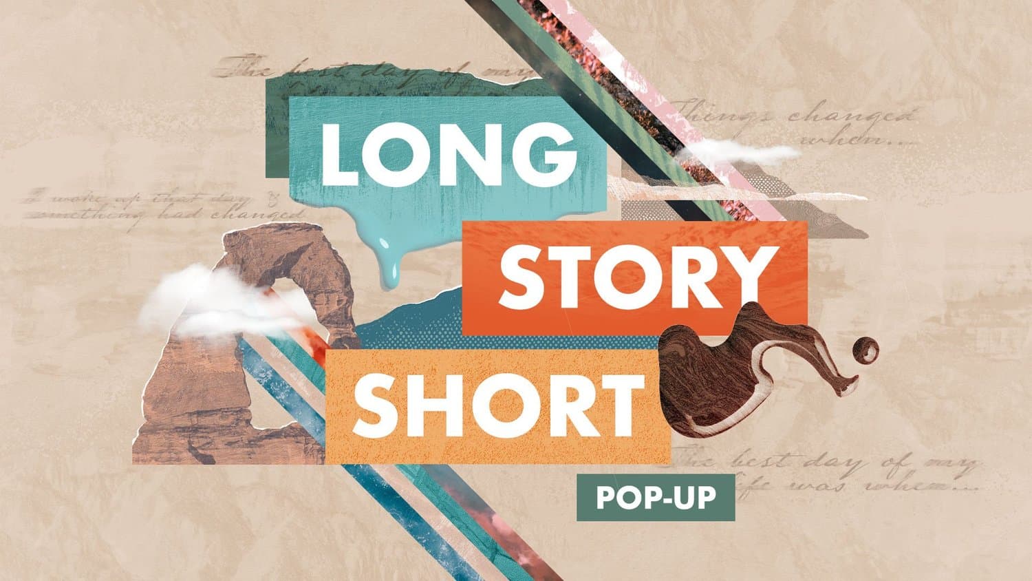 A sermon title slide reading LONG STORY SHORT POP-UP in orange and teal text on tan background with collaged elements and decorative angled lines.